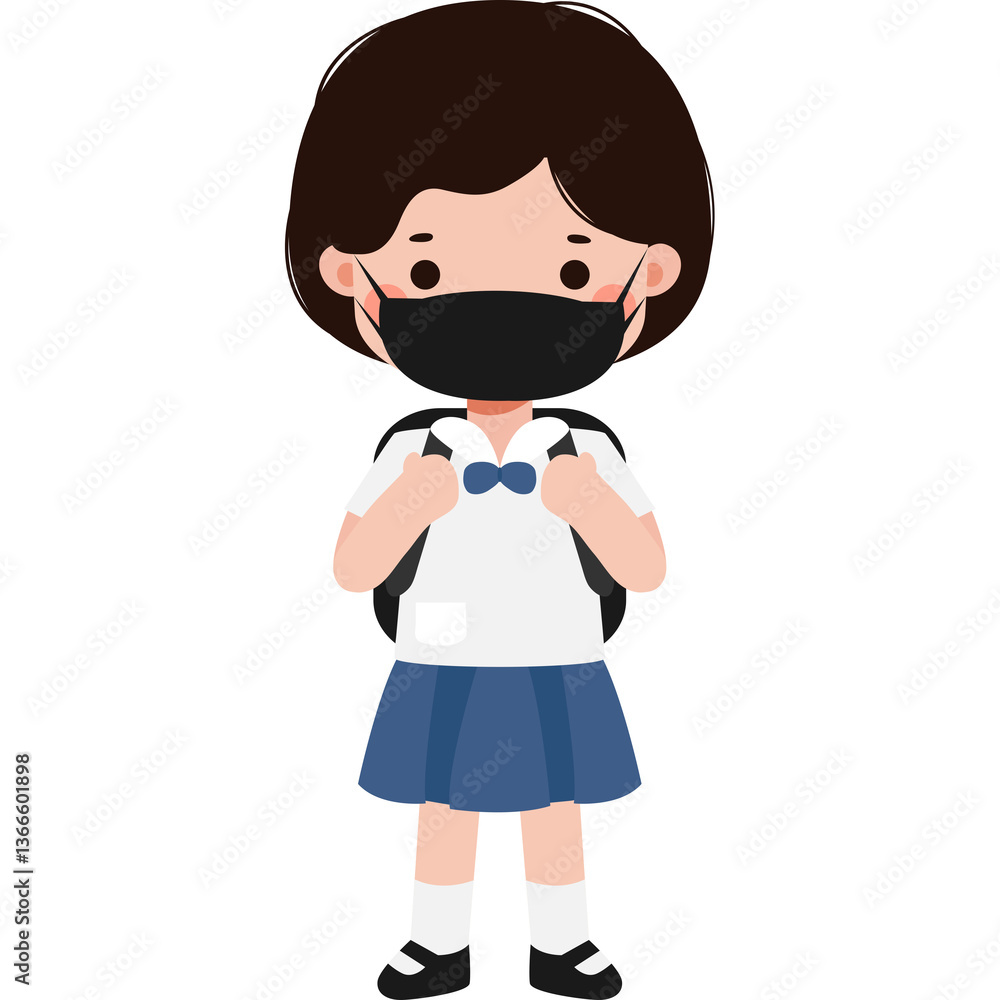 Cute Cartoon Thai student wearing face mask to protect against pm 2.5 dust Illustration flat style png Cute Cartoon Thai student wearing face mask to protect against pm 2.5 dust Illustration flat style png