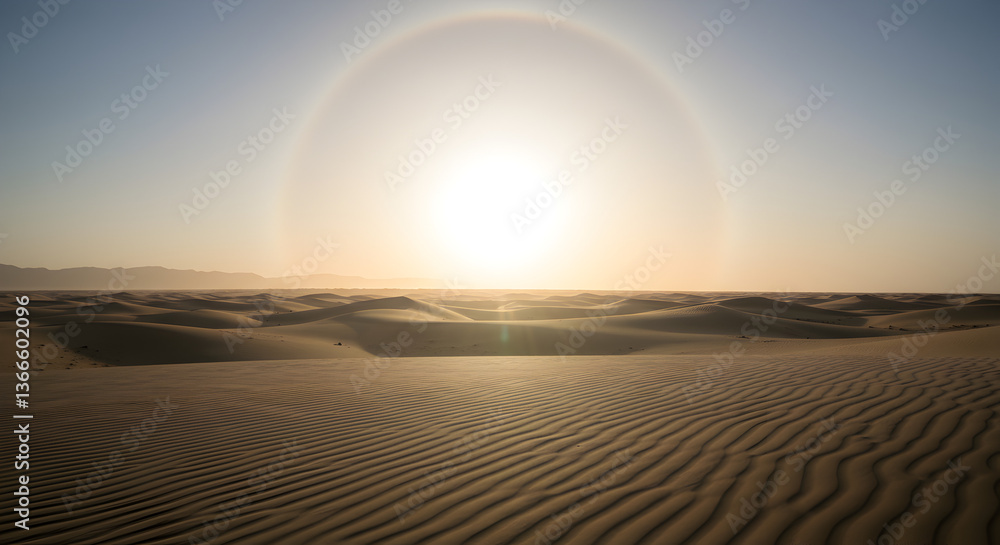 Naklejka premium Sun halo over desert with golden sunlight