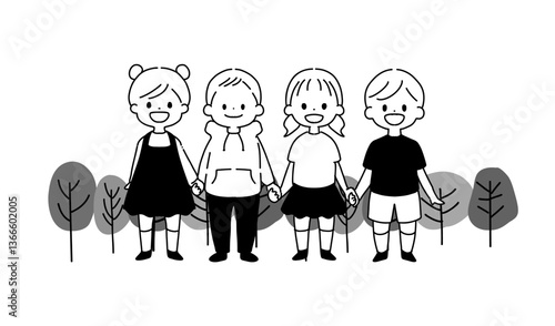 木の下で手を繋ぐ子供たち