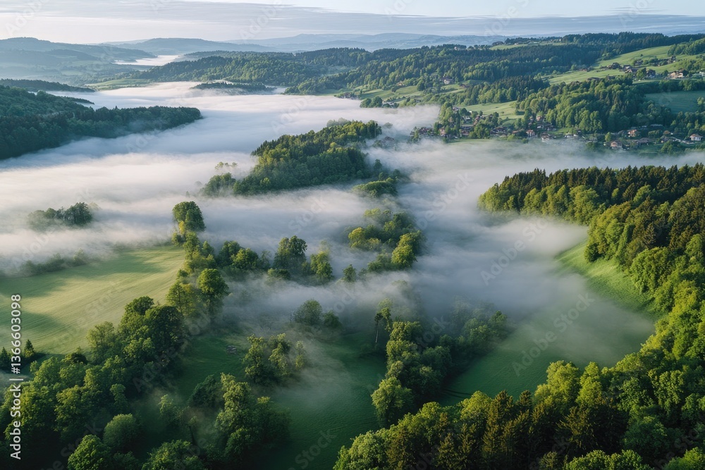 Misty valley landscape, morning fog, aerial view, rural countryside Misty valley landscape, morning fog, aerial view, rural countryside
