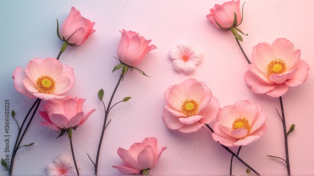 Obraz premium A pastel-colored gradient background with abstract floral shapes. 