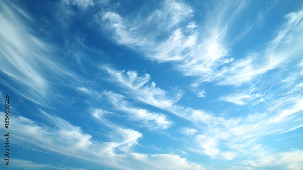 Vibrant wisps of white clouds dance across a brilliant blue sky at dawn, capturing the essence of a new day awakening Vibrant wisps of white clouds dance across a brilliant blue sky at dawn, capturing the essence of a new day awakening