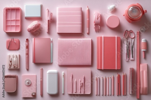 Flat lay of pastel pink items arranged symmetrically on background