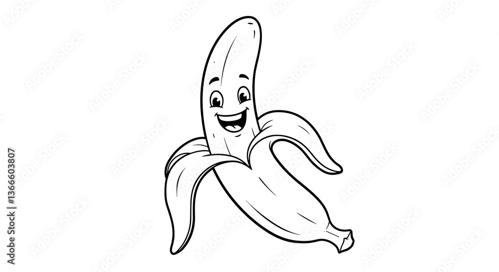 Obraz premium Happy cartoon banana character in black and white line art 