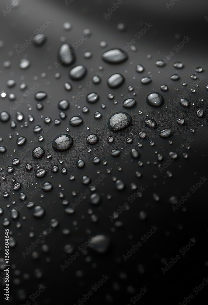 Round water droplets beading on smooth, black waterproof fabric, waterproof, shiny, photography Round water droplets beading on smooth, black waterproof fabric, waterproof, shiny, photography