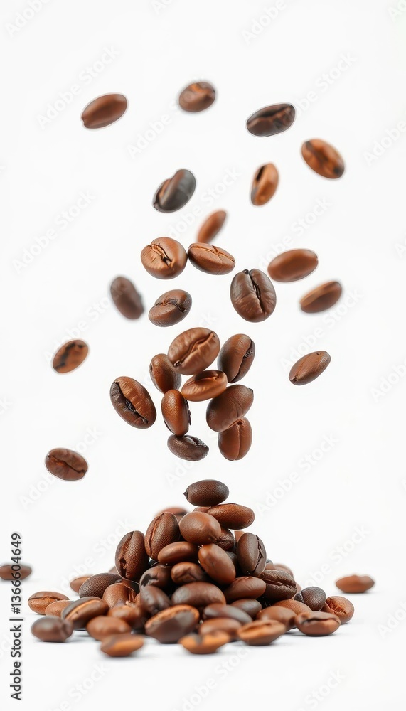 Naklejka premium Roasted coffee beans levitating against a pure white backdrop, food, commercial