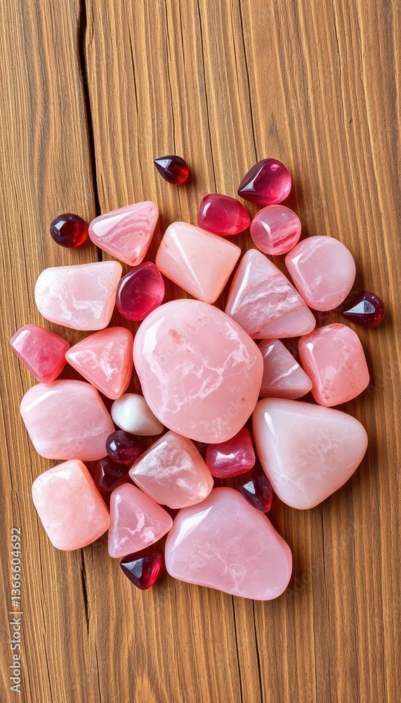 Rose quartz and garnet tumbled stones on natural wood, geology, rock Rose quartz and garnet tumbled stones on natural wood, geology, rock
