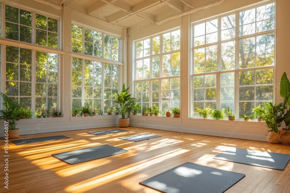 Fototapeta premium Modern sunny interior with large windows and wooden floor