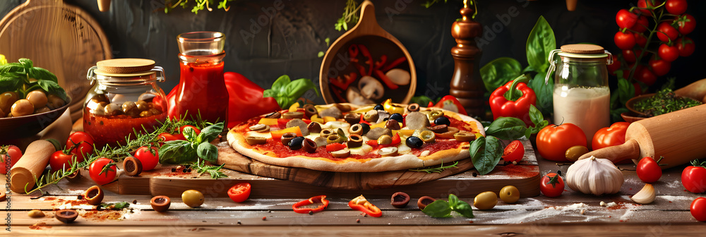 Fototapeta premium Rustic Home Kitchen Scene: Freshly Prepared Homemade Pizza Artfully Garnished