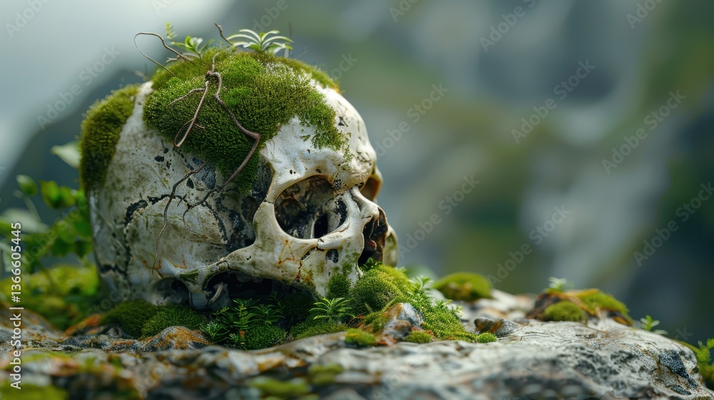 Half-Decayed Skull: A 3D digital artwork showing a skull partially covered in decaying tissue and moss, merging human anatomy with the raw beauty of nature’s decay.
Half-Decayed Skull: A 3D digital artwork showing a skull partially covered in decaying tissue and moss, merging human anatomy with the raw beauty of nature’s decay.