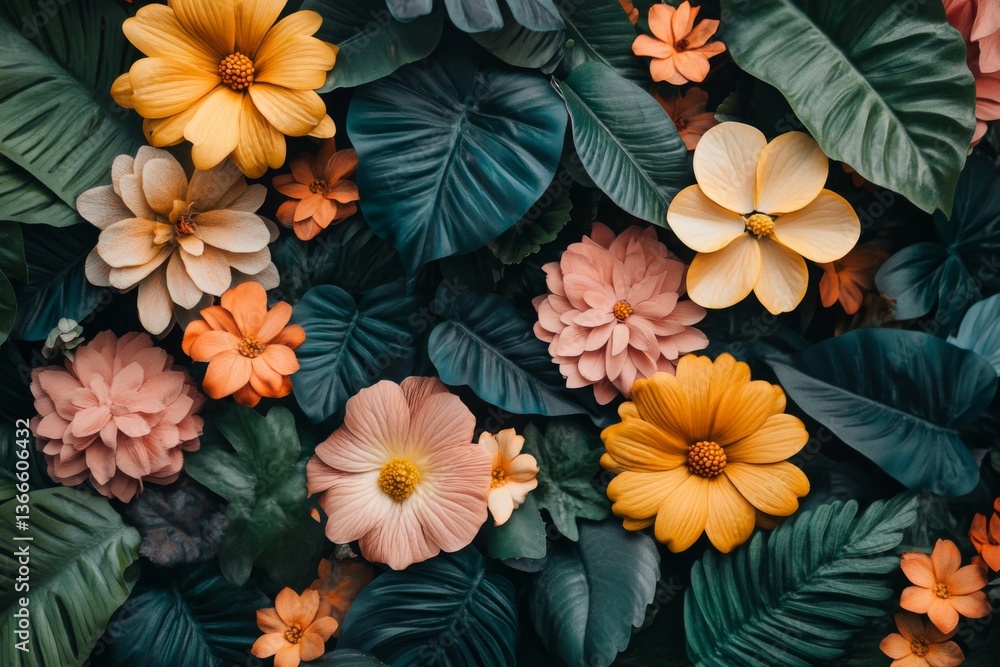 Obraz premium Floral pattern with tropical flowers and dark background