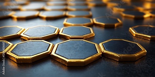 Golden rimmed hexagonal tiles arranged on a dark reflective surface