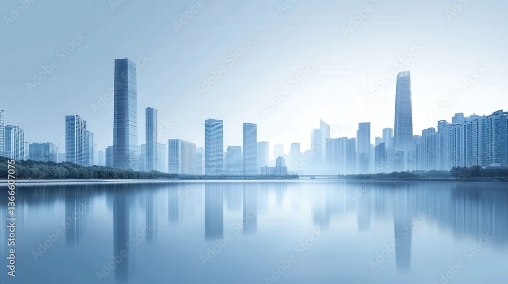 Modern City Skyline Reflecting on Calm Waters Modern City Skyline Reflecting on Calm Waters