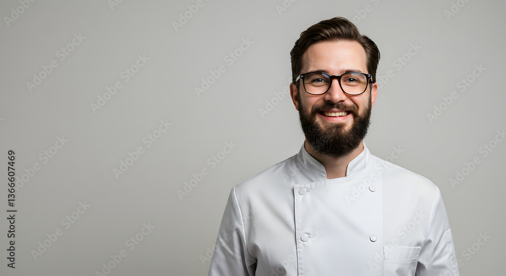 Obraz premium Happy Bearded Chef Without Hat Wearing White Coat on Neutral Background