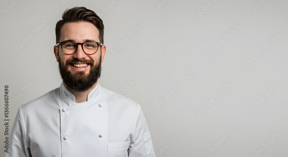 Happy Bearded Chef Wearing White Coat on Neutral Background Happy Bearded Chef Wearing White Coat on Neutral Background