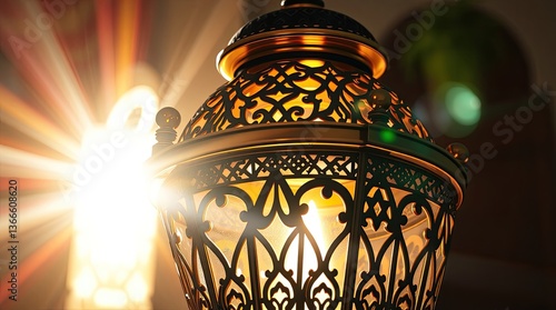 Ornate lantern glows brightly with intricate metalwork and warm light