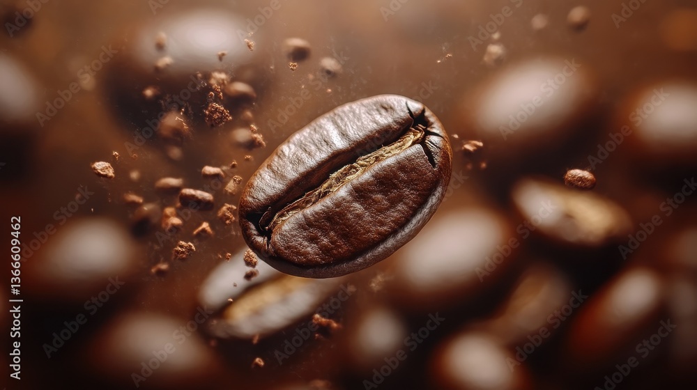 Close-up of roasted coffee bean floating with ground particles in brown hues Close-up of roasted coffee bean floating with ground particles in brown hues