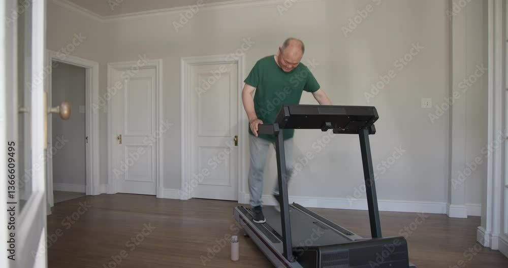 Senior couple smiling and sharing drink after exercising on treadmill at home Senior couple smiling and sharing drink after exercising on treadmill at home