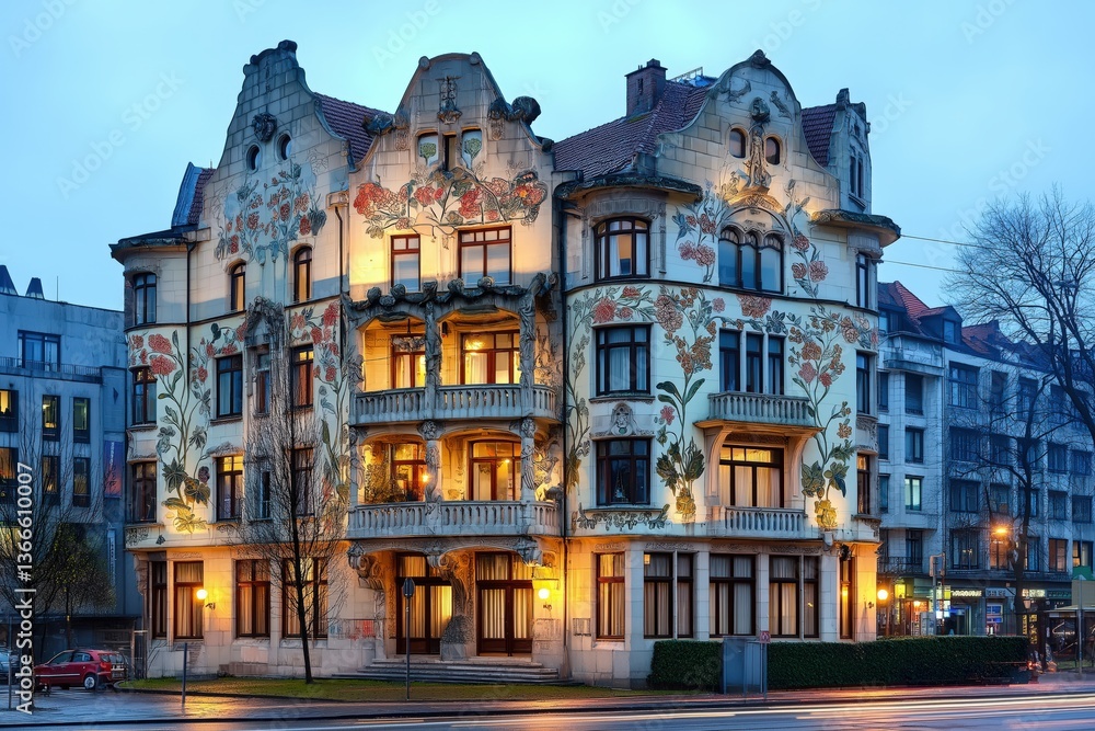 Ornate art nouveau building with floral facade illuminated at dusk in urban setting Ornate art nouveau building with floral facade illuminated at dusk in urban setting