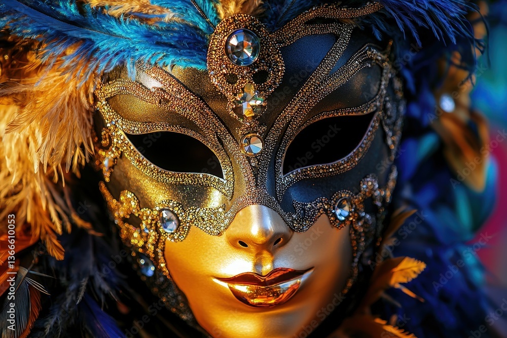 Ornate venetian mask with sparkling gems, vibrant feathers, and metallic finish in blue and gold Ornate venetian mask with sparkling gems, vibrant feathers, and metallic finish in blue and gold