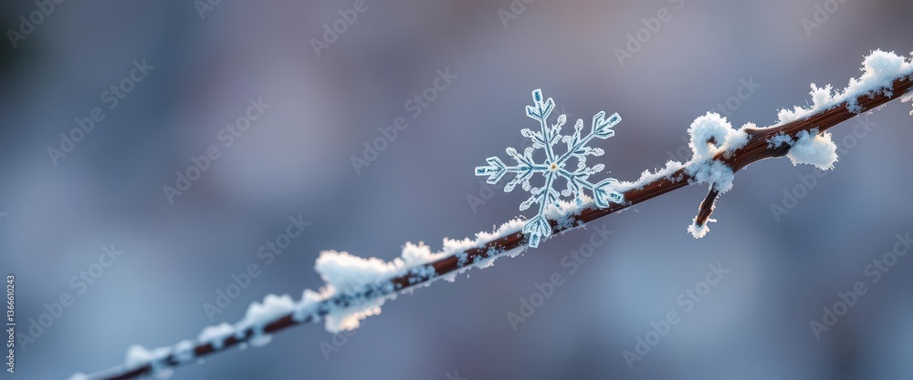 A single, perfectly formed snowflake rests on a frost-covered branch, winter, pattern A single, perfectly formed snowflake rests on a frost-covered branch, winter, pattern