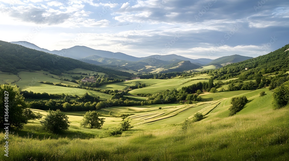 Fototapeta premium Rolling green hills embrace a tranquil valley under a vibrant sky at dusk in a serene countryside landscape