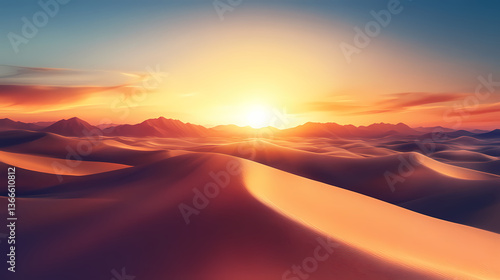 Majestic sunrise over desert mirage with dunes and glowing sunlight for background design. Mirage Glow. Illustration