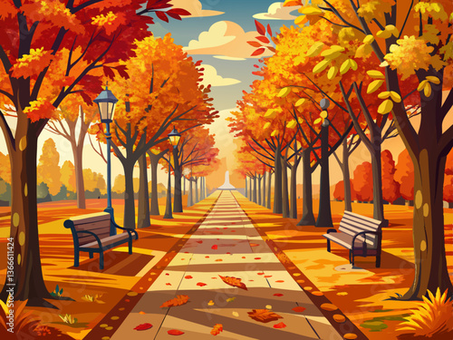 vector of autumn alley .tree alley in the park in autumn time