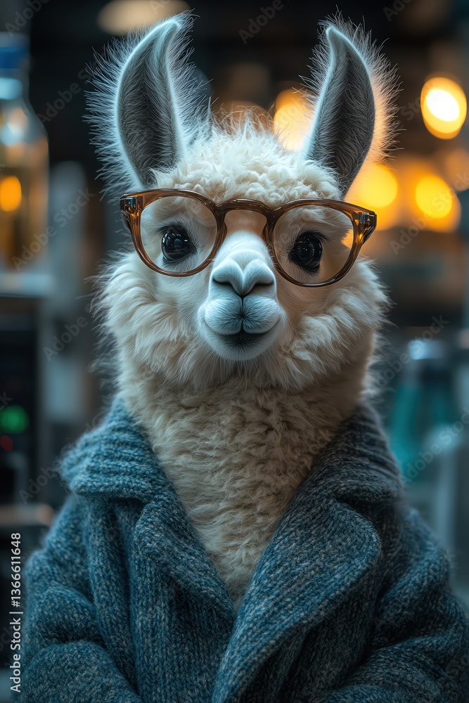 Fototapeta premium A llama in a laboratory setting, wearing glasses and a lab coat, surrounded by scientific equipment, under cool lighting