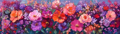 A vibrant assortment of pink, purple, and red flowers, densely packed together