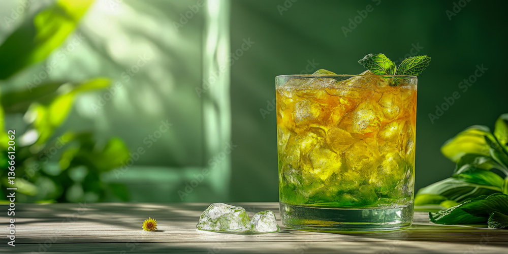 Fototapeta premium Refreshing cocktail with mint and ice in a tropical setting highlighted by natural sunlight
