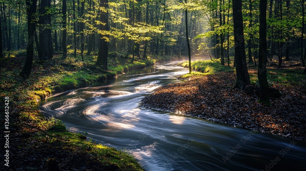 Obraz premium Serene forest stream with sunlight filtering through lush greenery