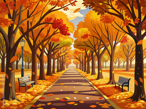 vector of autumn alley .tree alley in the park in autumn time