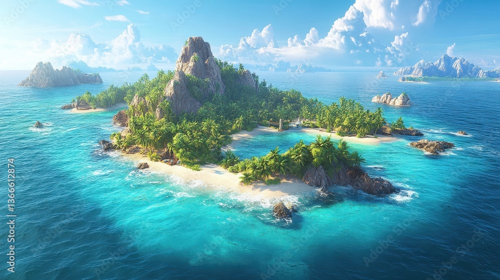 Fototapeta premium Tropical island in turquoise ocean with lush palm trees and clear blue sky