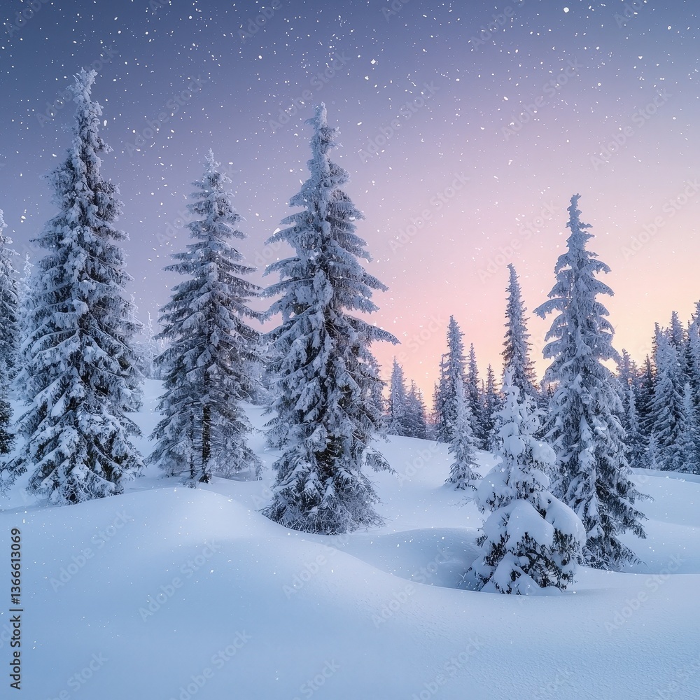 Obraz premium Serene winter landscape with snow-covered evergreen trees and pink-blue sky