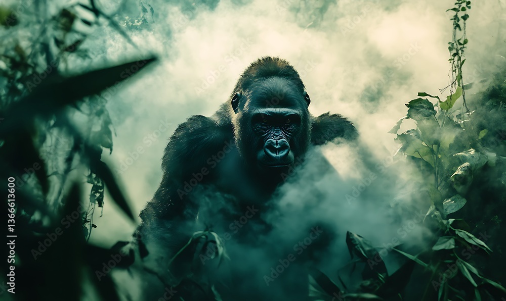 Obraz premium A majestic gorilla standing in a misty and green forest environment