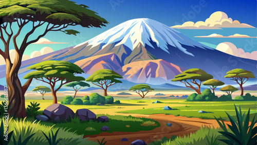 vector of serene view of Mount Kilimanjaro towering over lush green plains under a clear blue sky