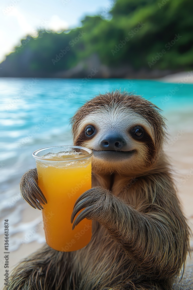 Fototapeta premium Relaxed sloth enjoying a drink on a tropical beach with turquoise waters