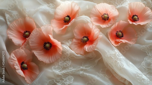 Delicate pink poppies on lace fabric background with soft lighting