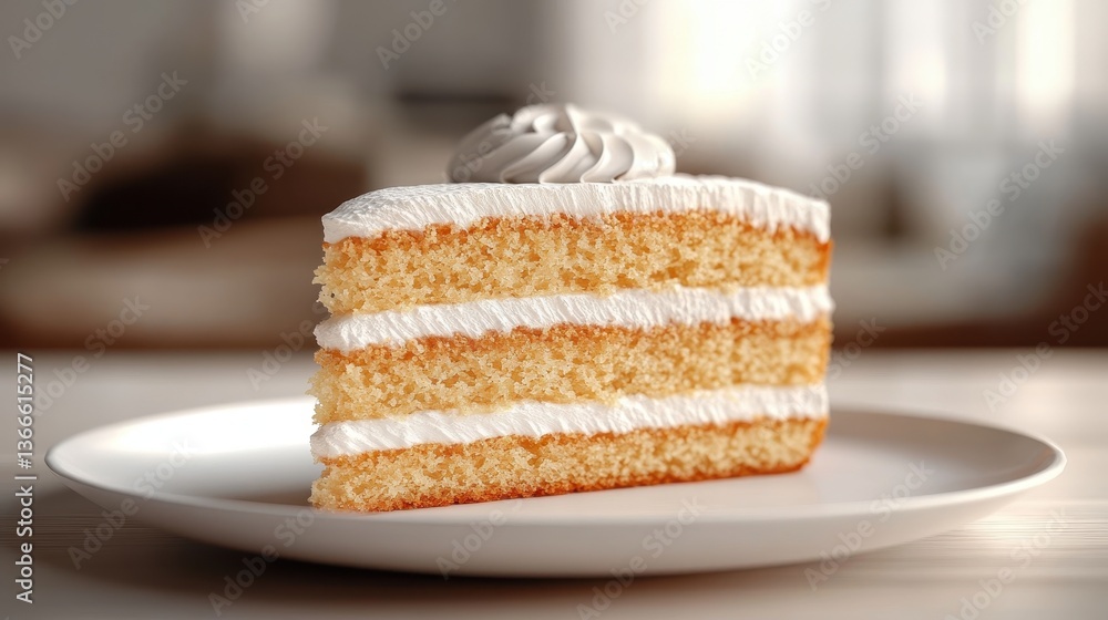 Delicious slice of vanilla layer cake with whipped cream frosting on white plate Delicious slice of vanilla layer cake with whipped cream frosting on white plate