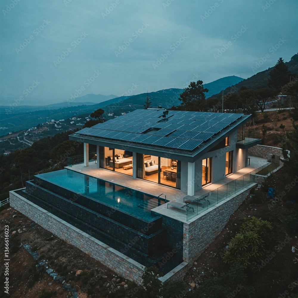 Naklejka premium Luxury Modern Villa with Solar Panels Sustainable Energy