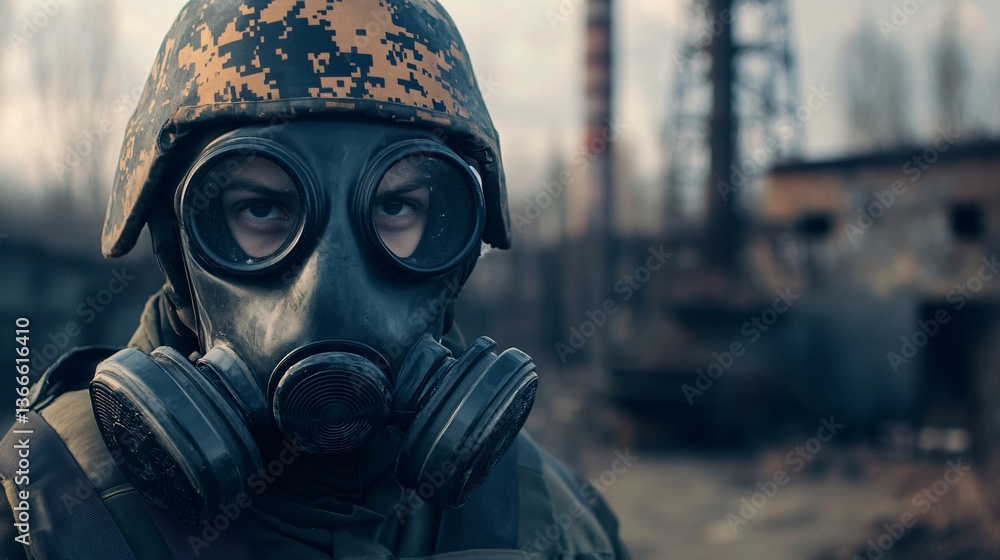 Mysterious Soldier Donning Protective Mask in Blurry Ruins Mysterious Soldier Donning Protective Mask in Blurry Ruins