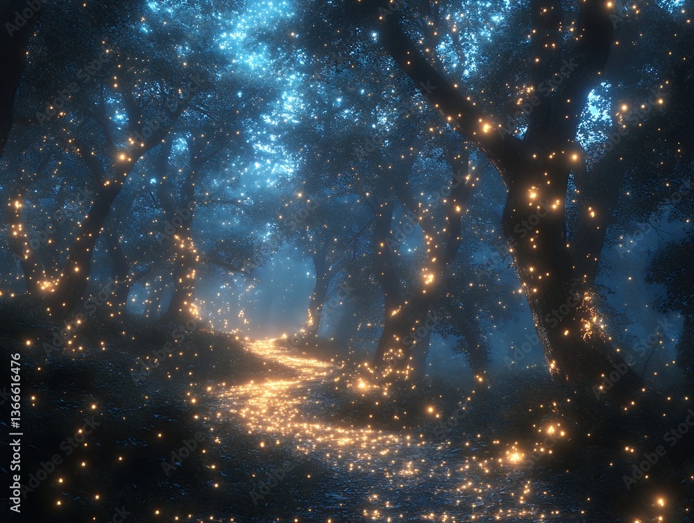 Enchanted Forest Path Glowing with Fairy Lights and Misty Atmosphere Enchanted Forest Path Glowing with Fairy Lights and Misty Atmosphere