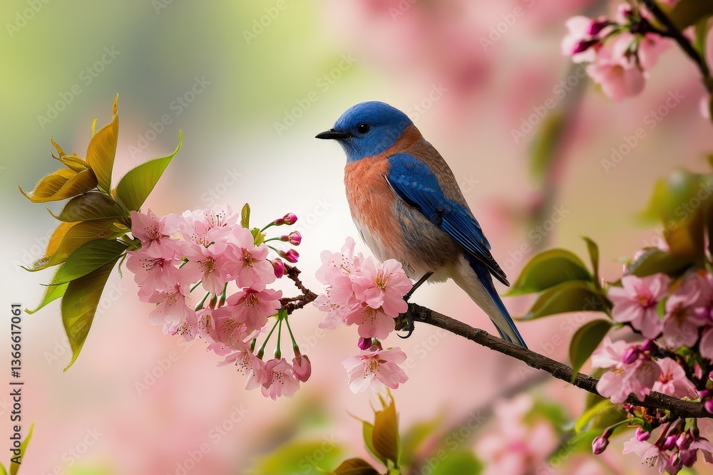 Vibrant blue and orange bird perched on blossoming branch in spring Vibrant blue and orange bird perched on blossoming branch in spring