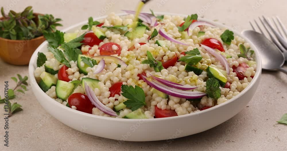 Pearl couscous salad with red onion, herbs and tomatoes, drizzling with olive oil Pearl couscous salad with red onion, herbs and tomatoes, drizzling with olive oil