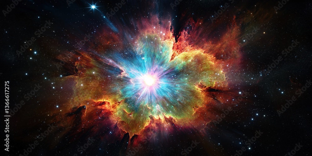 Vibrant cosmic explosion with colorful nebula clouds and twinkling stars in space Vibrant cosmic explosion with colorful nebula clouds and twinkling stars in space