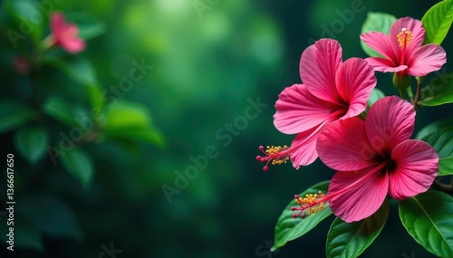 Bold tropical hibiscus & orchids, vibrant jungle green, textile, colorful, wall