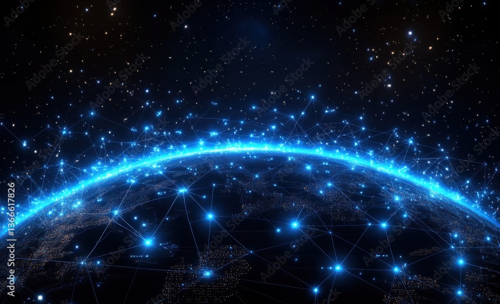 A blue and red planet with a network of stars surrounding it A blue and red planet with a network of stars surrounding it