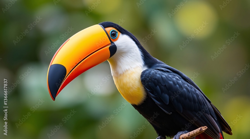 Fototapeta premium Vibrant Toucan Perched on Branch with Bokeh Background - High-Resolution Wildlife Photo