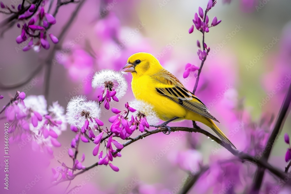 Vibrant yellow bird perched on branch with pink blossoms and dandelions in spring Vibrant yellow bird perched on branch with pink blossoms and dandelions in spring